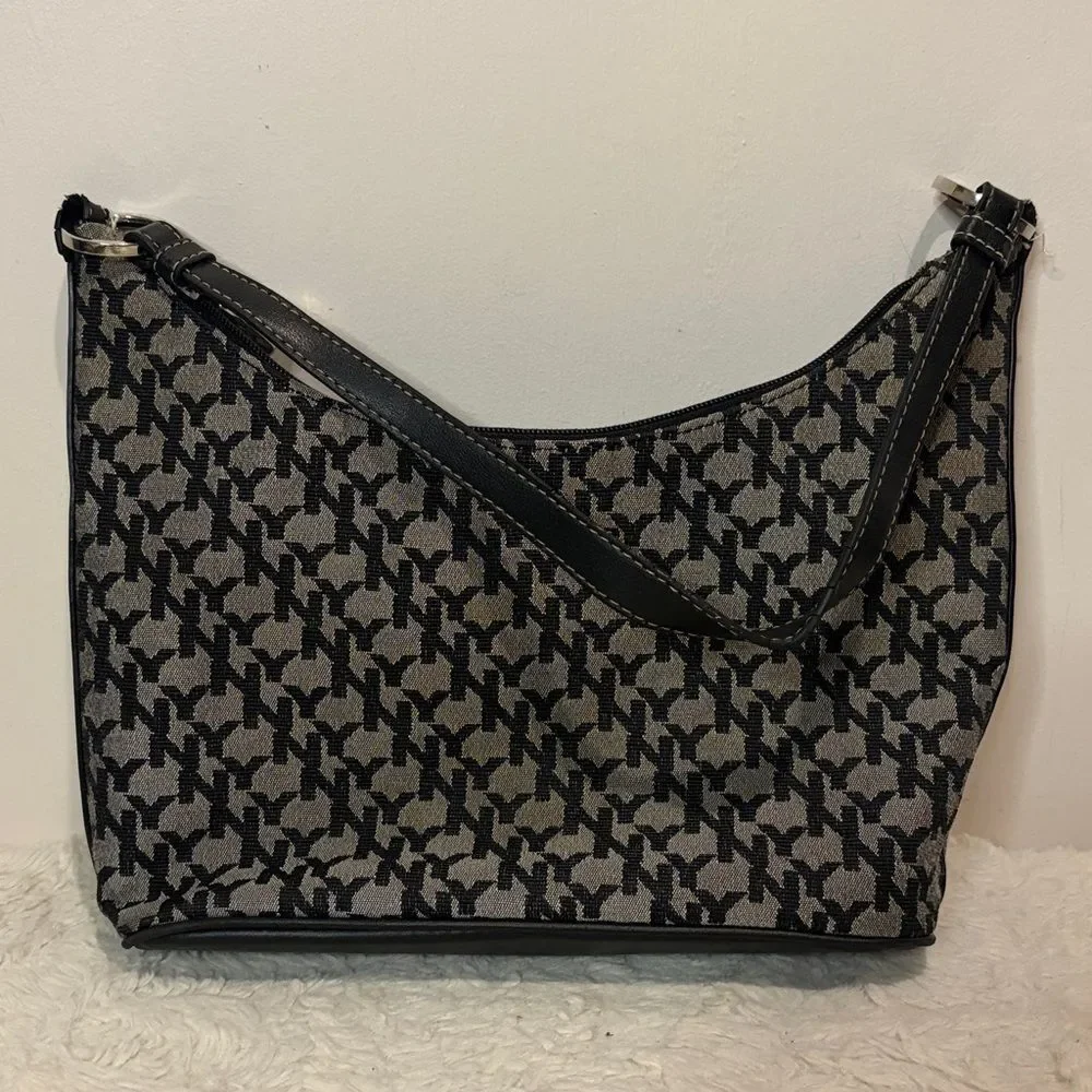 New York & Company- Vintage Black and Gray Patterned Logo Shoulder Bag Y2K